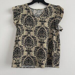 Shein Women Print Ruffle Short Sleeve V Neck Blouses Top Size L